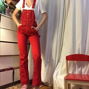 super cool red Dickies utility overalls